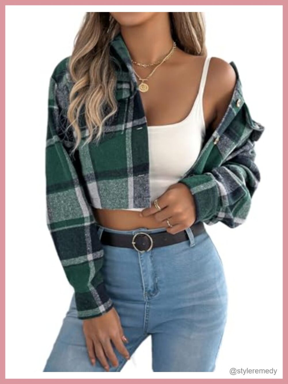 Cropped Plaid Flannel Shacket Button Down Long Sleeve Casual Jacket